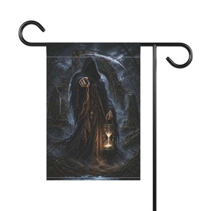 Grim Reaper with hourglass and scythe in a dark, misty graveyard.