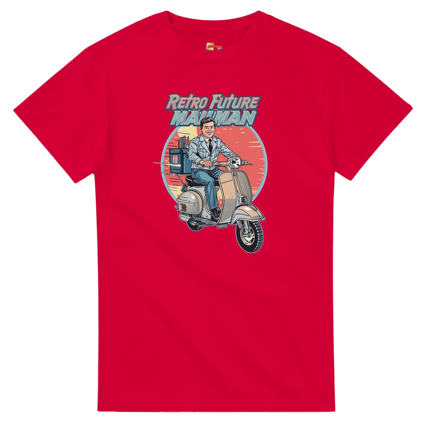 Man wearing a t-shirt with a retro design of a man on a scooter.