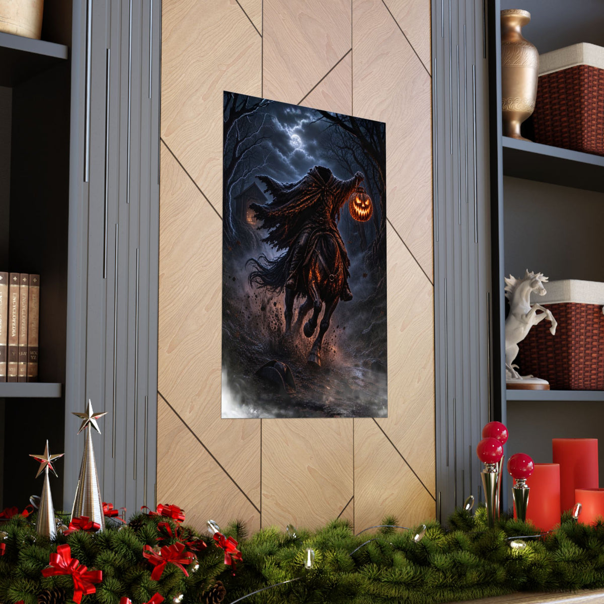 The Headless Horseman rides a black horse through a dark, stormy forest holding a jack-o'-lantern.