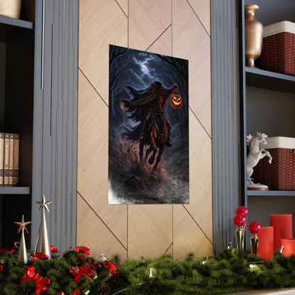 The Headless Horseman rides a black horse through a dark, stormy forest holding a jack-o'-lantern.
