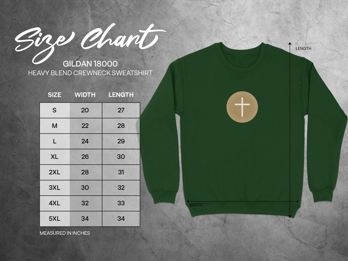 Gildan 18000 sweatshirt size chart with width and length measurements in inches.