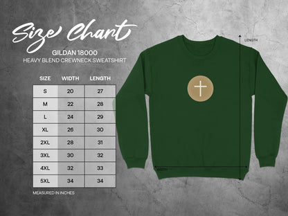 Gildan 18000 sweatshirt size chart with width and length measurements in inches.