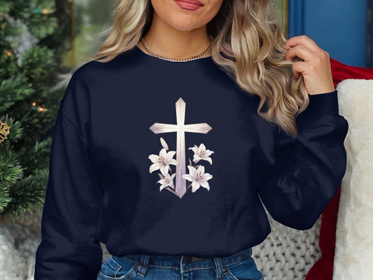 Navy sweatshirt with a white cross and lilies design.