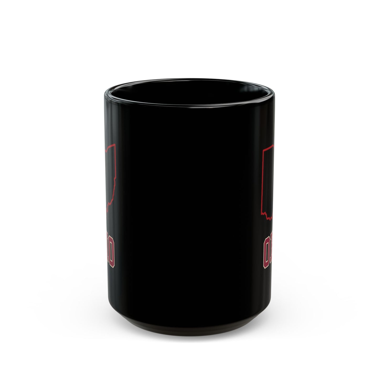 Black ceramic mug with Ohio outline and text.