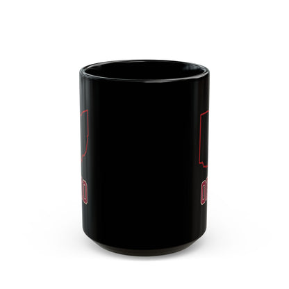 Black ceramic mug with Ohio outline and text.