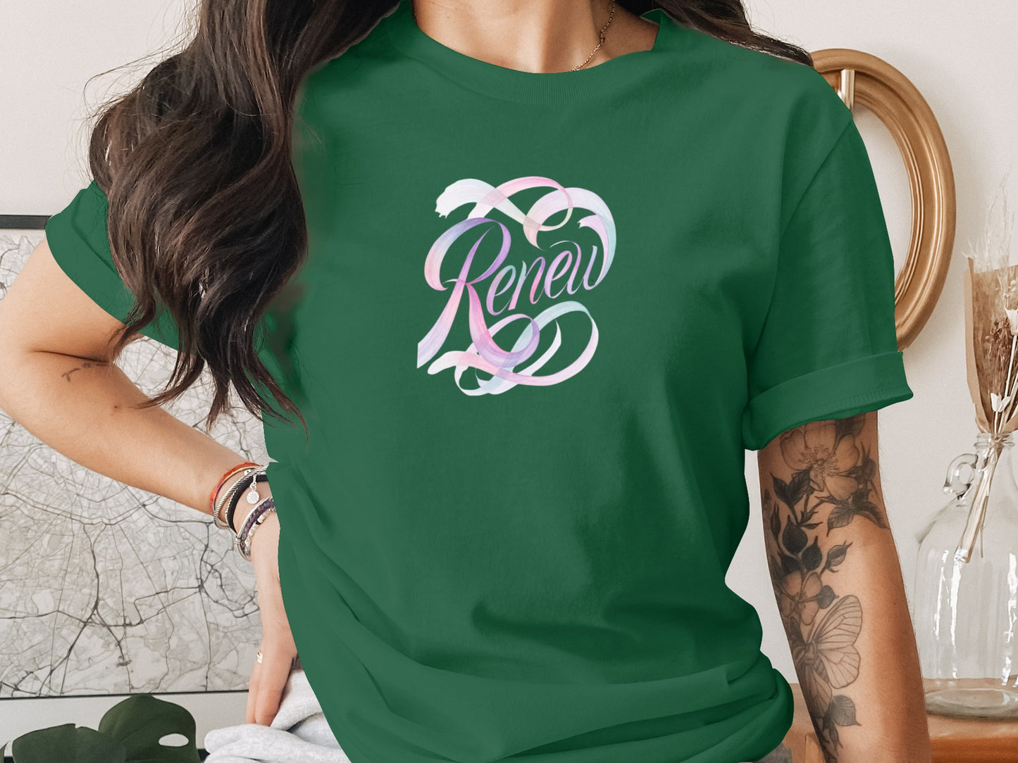 Dark Green Renew Inspirational Pastel Graphic Tee product type
Green, Dark Green, Forest Green, Renew, Inspirational, Pastel Graphic, Swirl Design, Calligraphy Script, Tshirt, Tee, Apparel, Clothing, Top, Spiritual Message, Positive Vibe, Motivation, Aesthetic Style, Trendy Fashion, Women's Shirt, Crew Neck