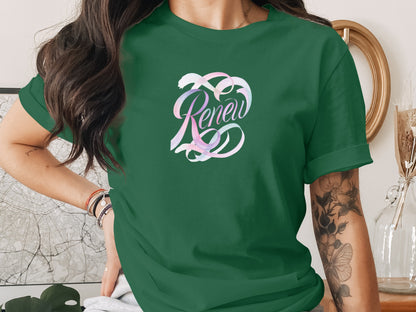 Dark Green Renew Inspirational Pastel Graphic Tee product type
Green, Dark Green, Forest Green, Renew, Inspirational, Pastel Graphic, Swirl Design, Calligraphy Script, Tshirt, Tee, Apparel, Clothing, Top, Spiritual Message, Positive Vibe, Motivation, Aesthetic Style, Trendy Fashion, Women's Shirt, Crew Neck