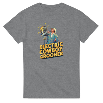 Person wearing a blue t-shirt with 'Electric Cowboy Crooner' design in a mall setting