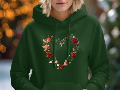 Floral Heart Design Green Hoodie Sweatshirt