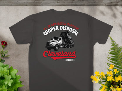 Dark grey t-shirt with Cooper Disposal Cleveland logo featuring a dump truck.
