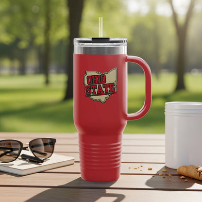 Travel mug with Ohio map graphic and city names.