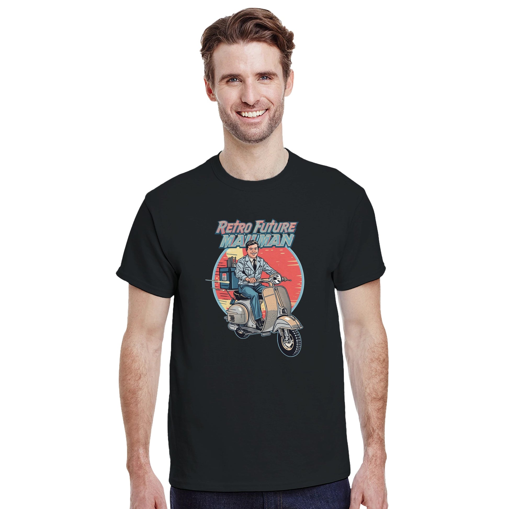 Man wearing a t-shirt with a retro design of a man on a scooter.