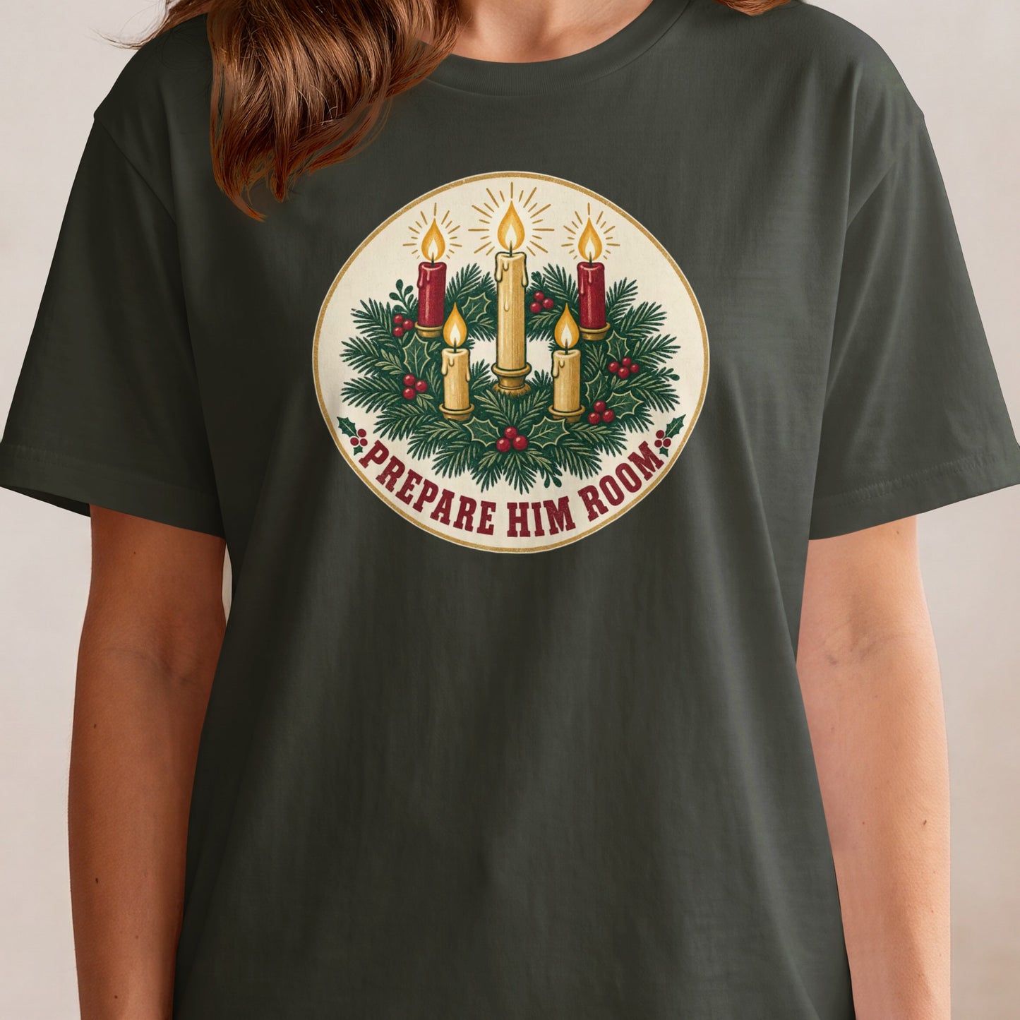 Christmas wreath graphic with candles and "Prepare Him Room" text.