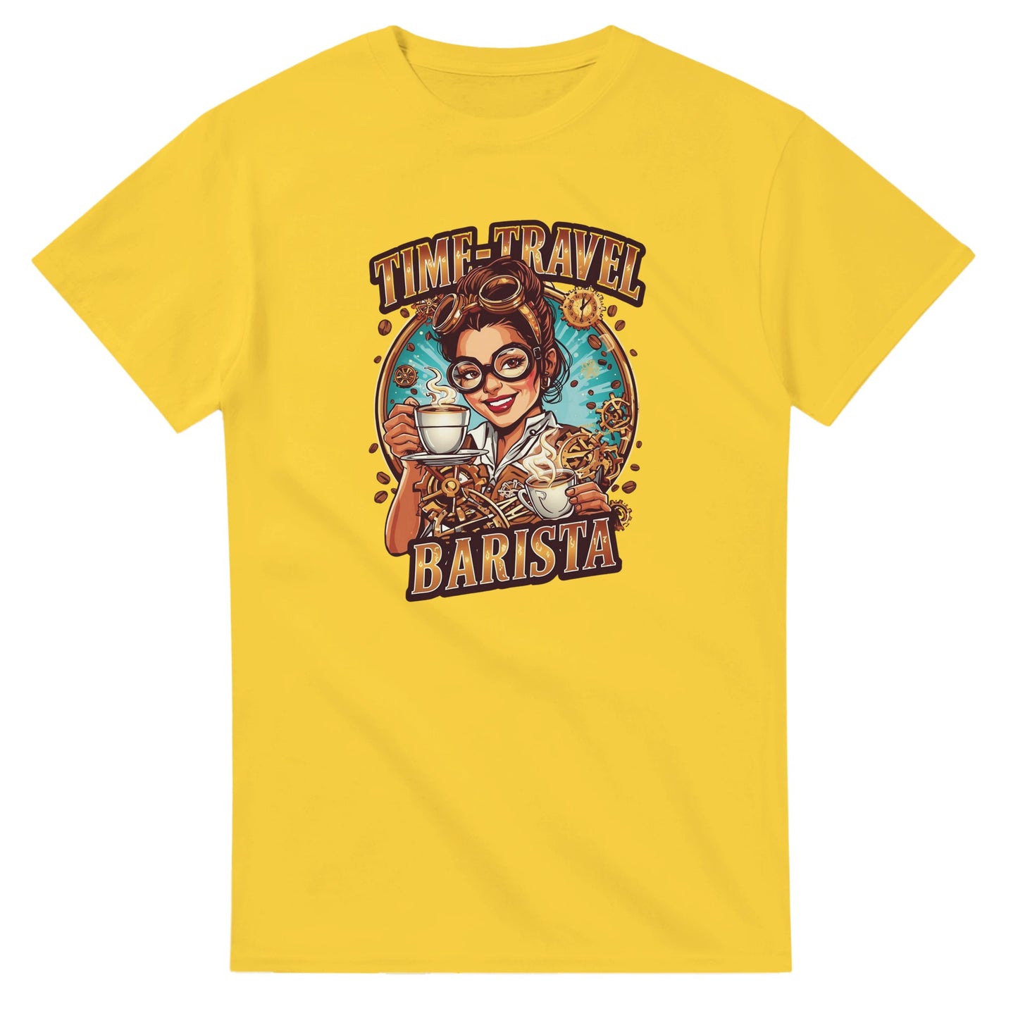 Time-Travel Barista graphic design on a Heavyweight T-shirt