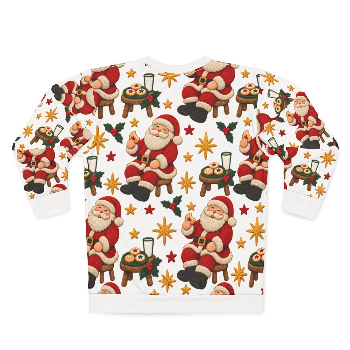 White sweatshirt with a repeating pattern of Santa Claus with cookies and milk.