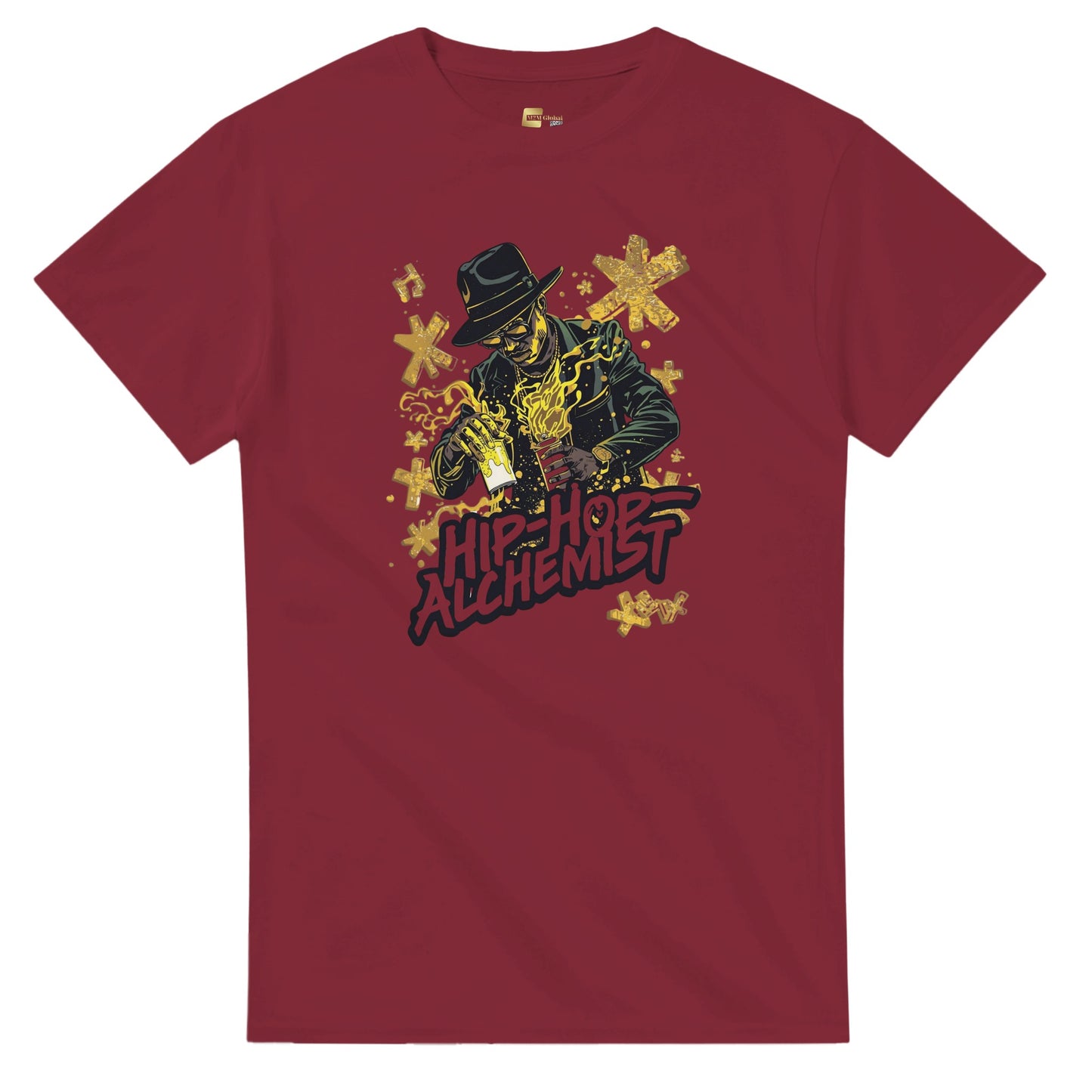 Man wearing a red t-shirt with a graphic design, holding shopping bags in a blurred indoor setting