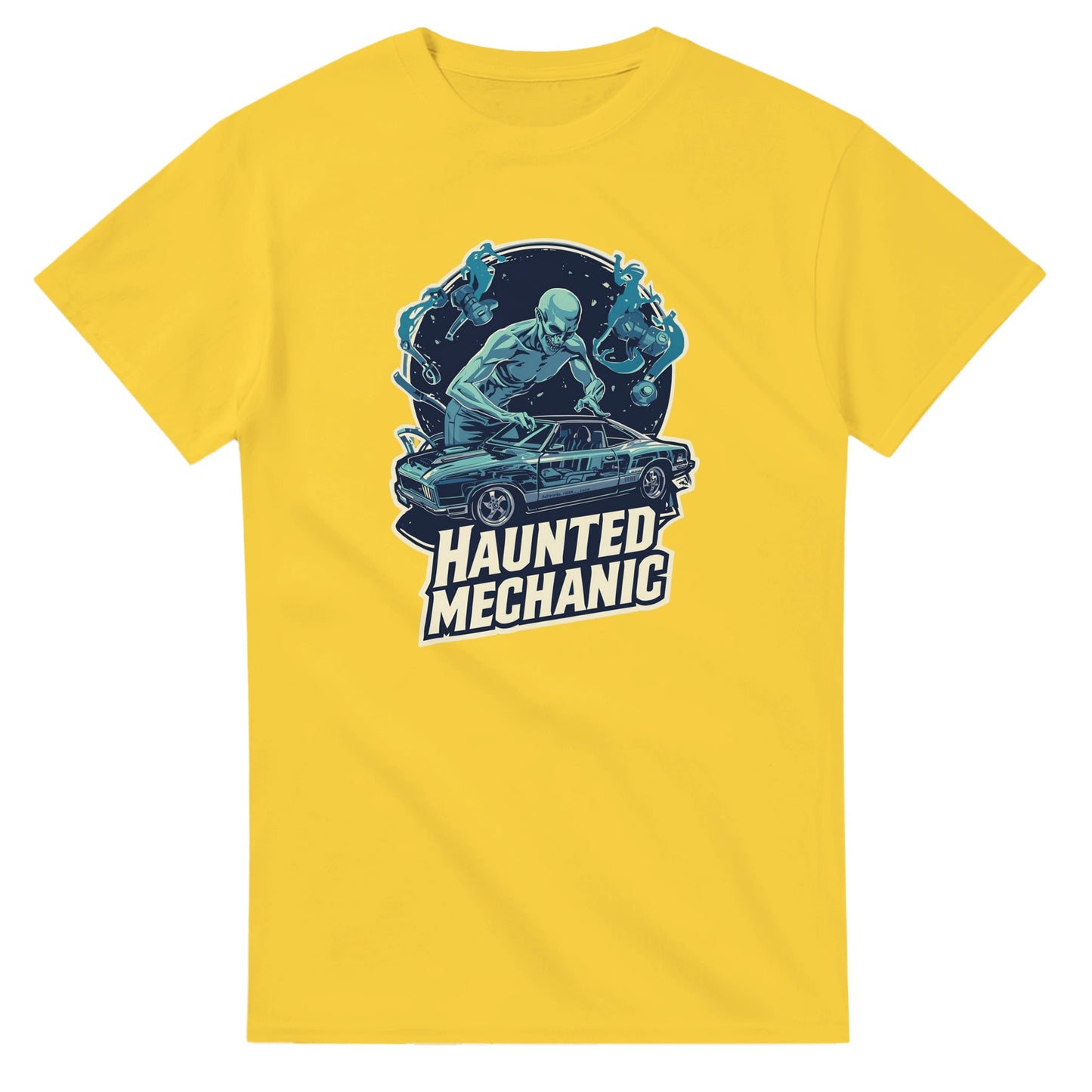 Haunted Mechanic graphic design on a Heavyweight T-shirt
