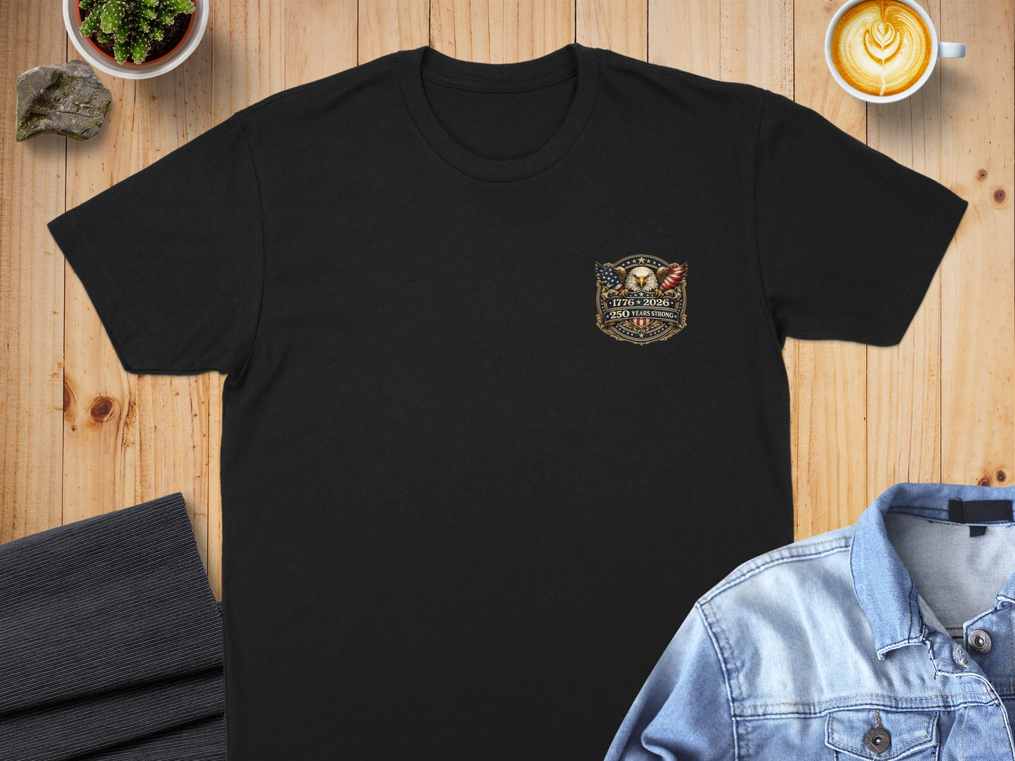 Black t-shirt with American flag and eagle graphic on chest.
