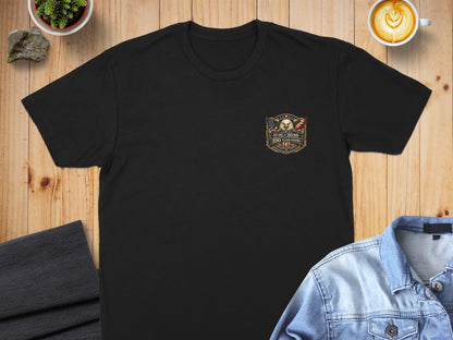Black t-shirt with American flag and eagle graphic on chest.
