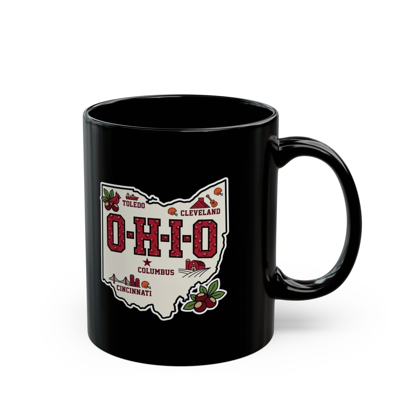 Black mug with a map of Ohio featuring city names and graphic designs.