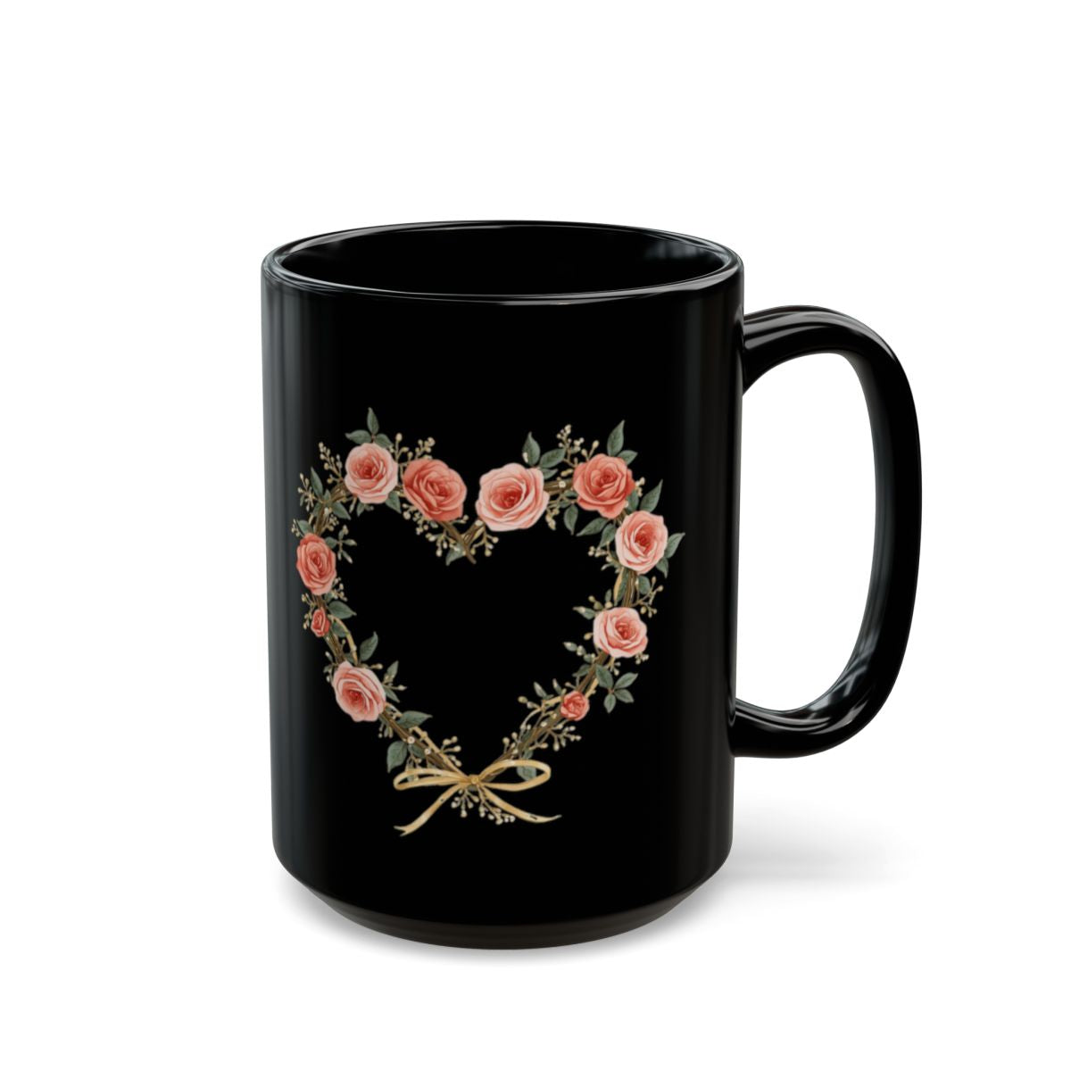 Floral Heart Wreath Design on Black Ceramic Mug