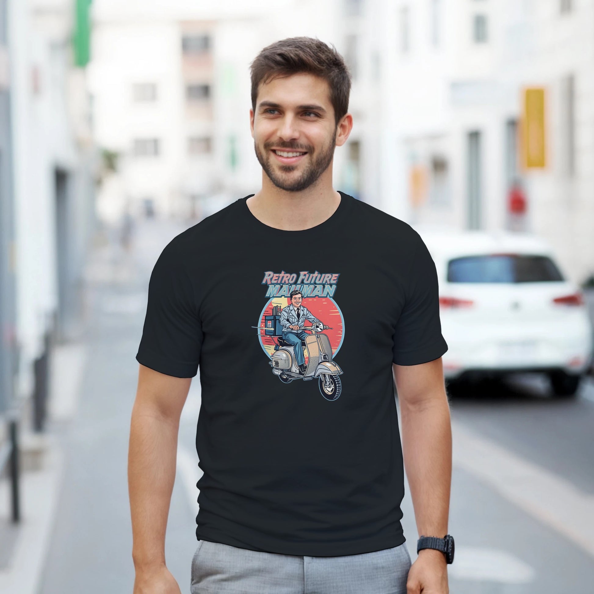 Man wearing a t-shirt with a retro design of a man on a scooter.