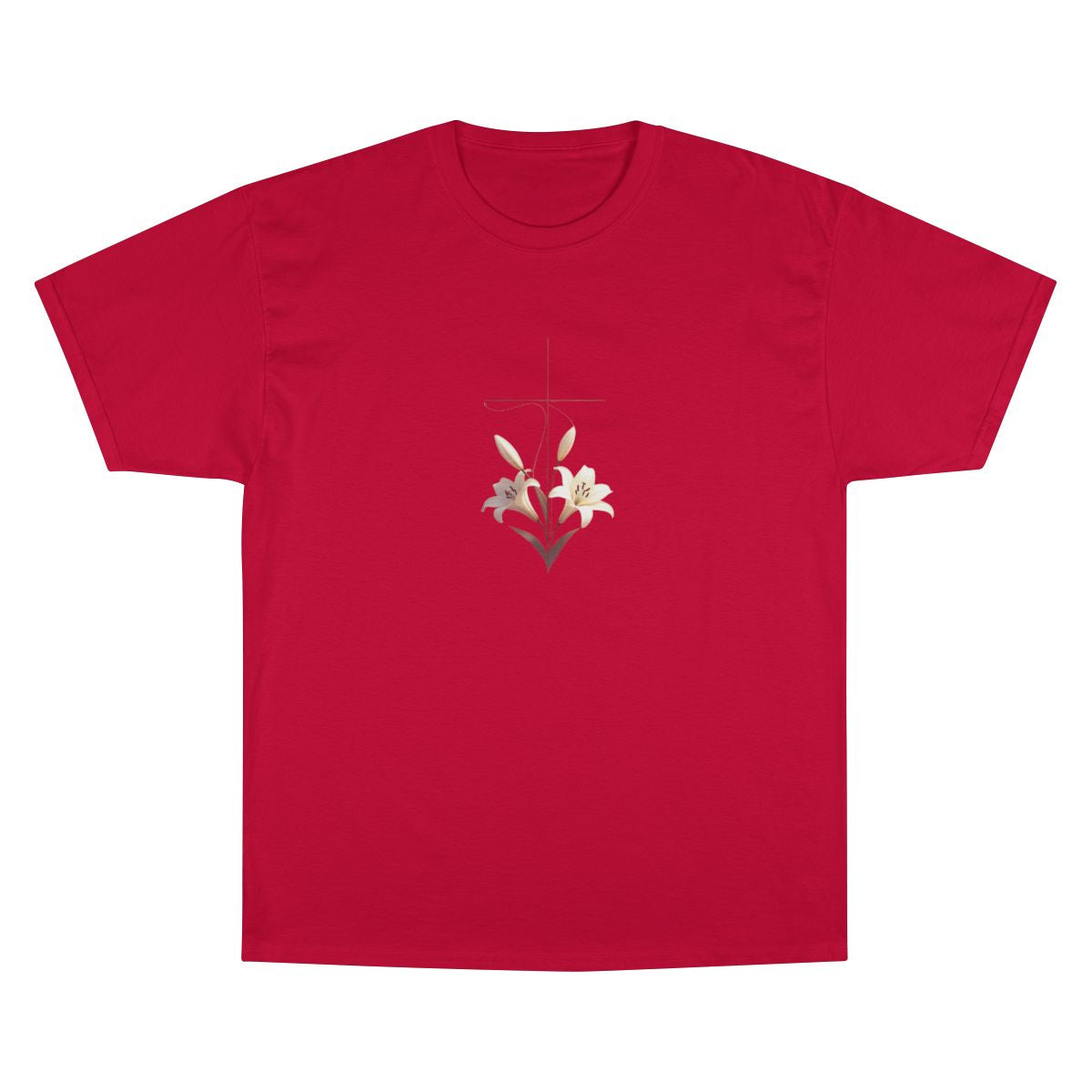 Red shirt inspiring cross white lilies floral graphic product type