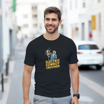 Person wearing a blue t-shirt with 'Electric Cowboy Crooner' design in a mall setting