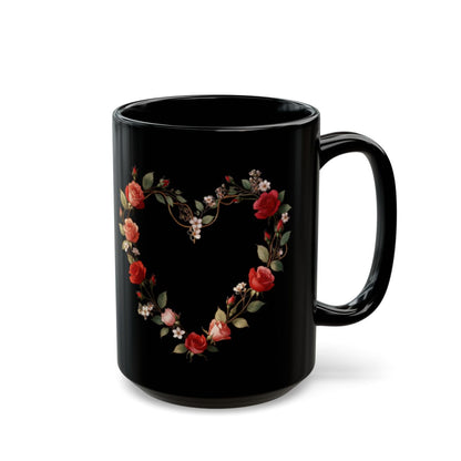 Heart Wreath Floral Design on Black Coffee Mug