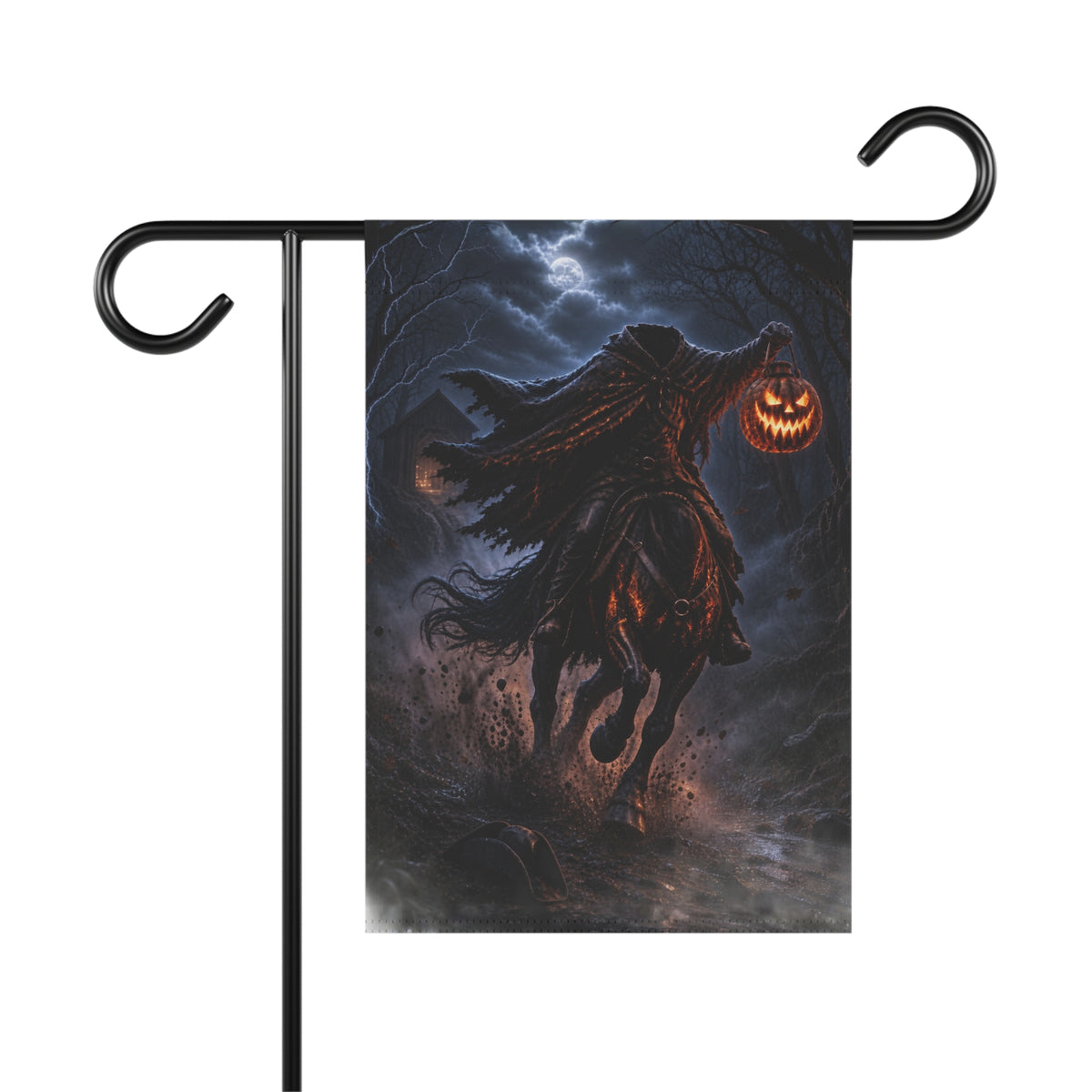 Headless Horseman on black horse holding a jack-o'-lantern under moonlit sky.
