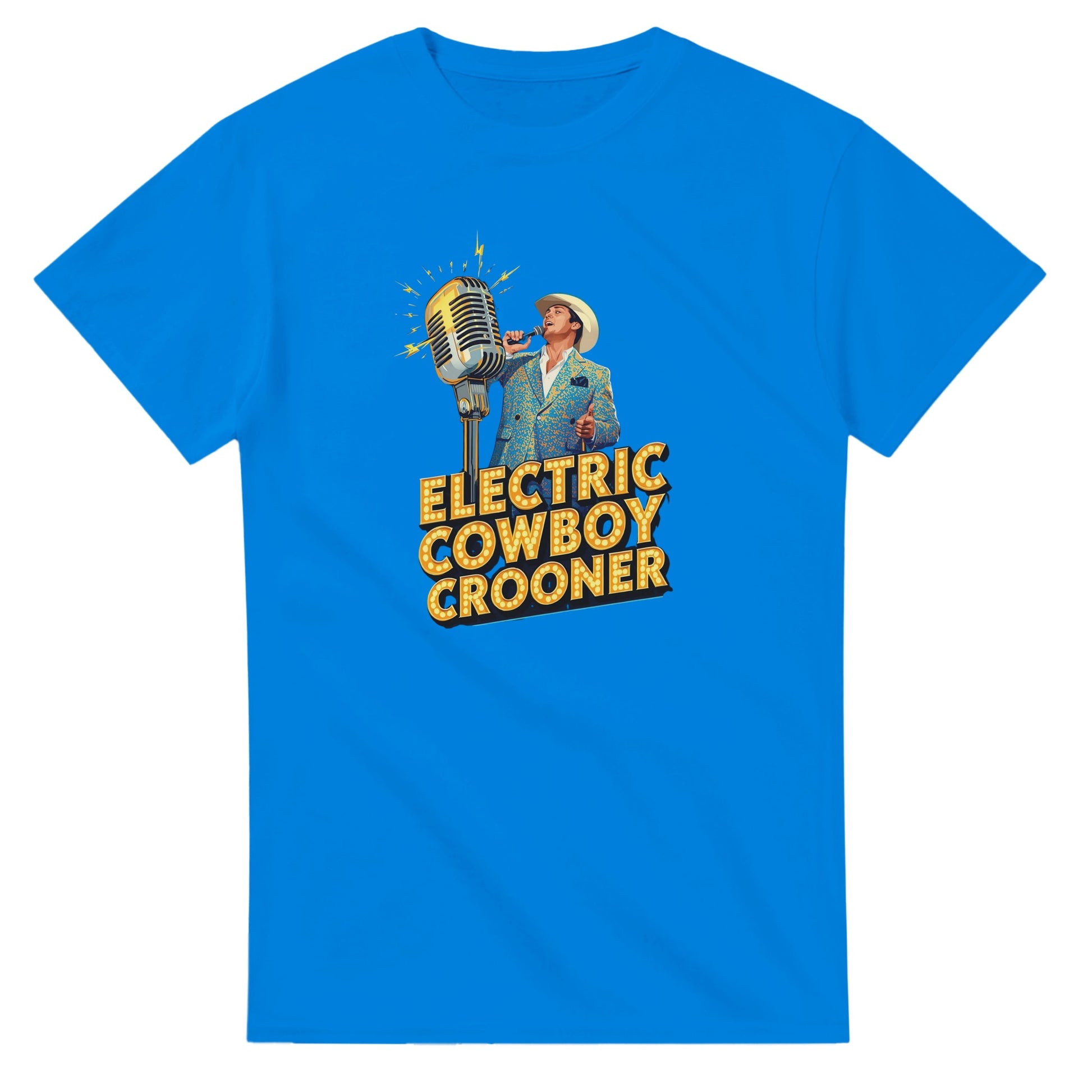 Person wearing a blue t-shirt with 'Electric Cowboy Crooner' design in a mall setting