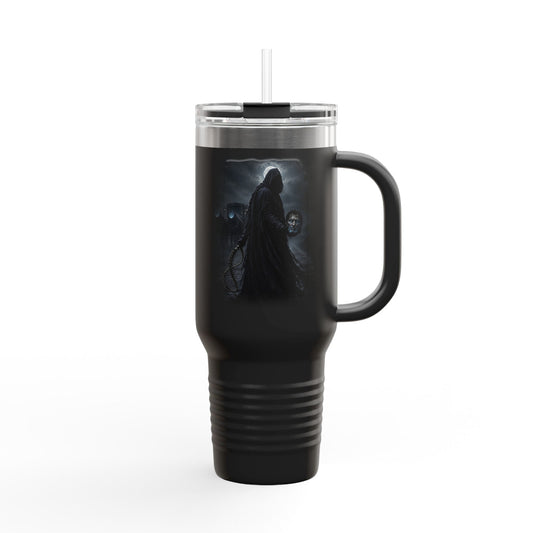 40oz insulated tumbler featuring Dullahan holding his own head aloft like a glowing lantern.