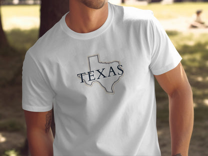 White t-shirt with outline of Texas in gray and navy blue.