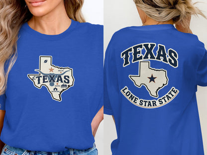 Blue t-shirt with Texas Lone Star State graphic on front and back.