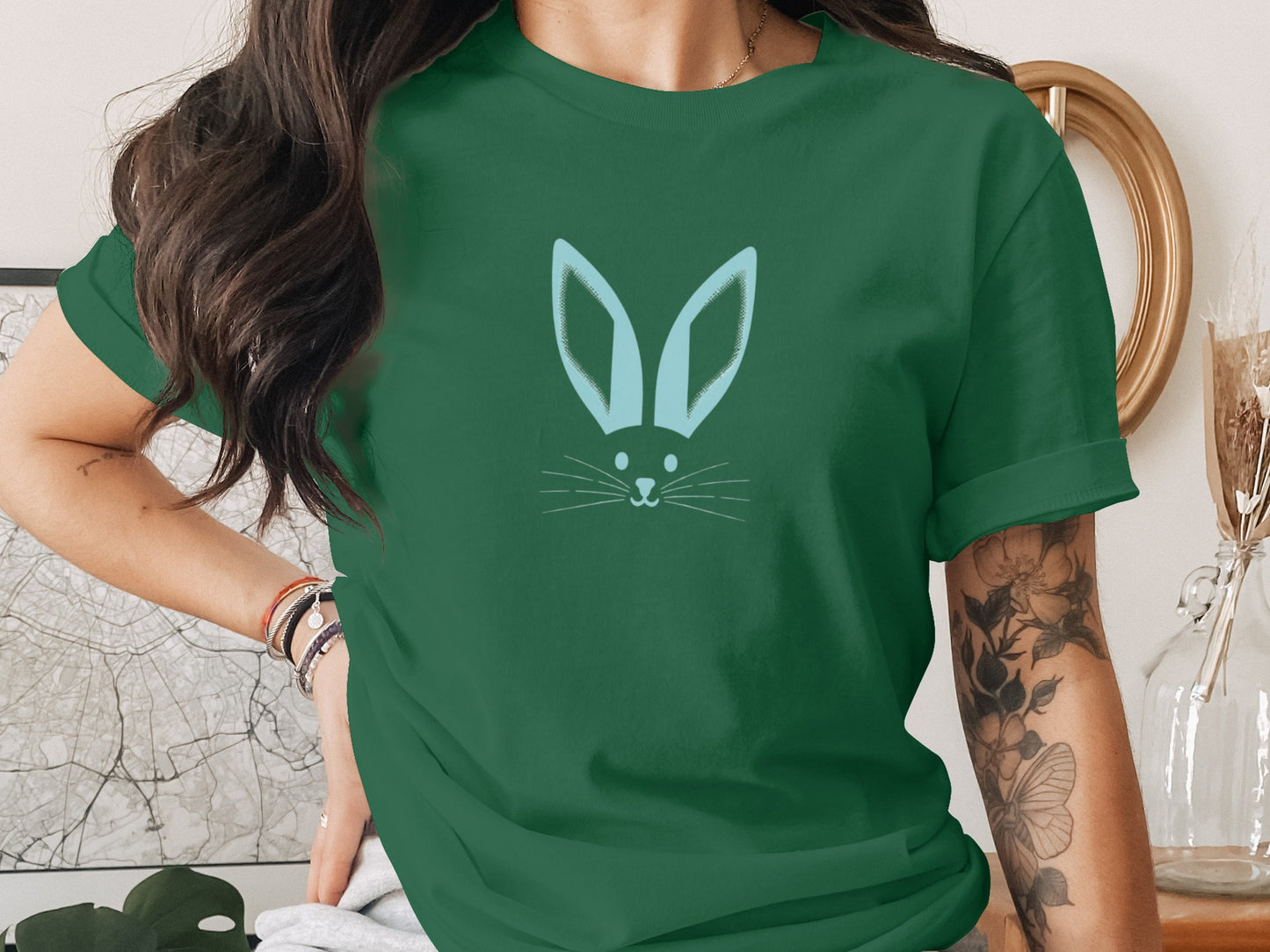 Dark Green Bunny Face Light Blue Design product type
bunny
rabbit
Easter
animal design
cute bunny
bunny face
green shirt
dark green
light blue
graphic tee
animal tee
spring fashion
holiday top
casual wear
fun design
cartoon bunny
rabbit ears
whiskers
apparel
trendy top