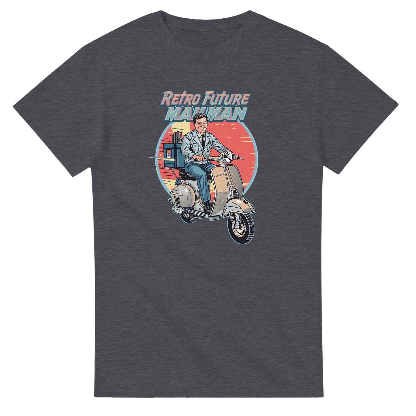 Man wearing a t-shirt with a retro design of a man on a scooter.