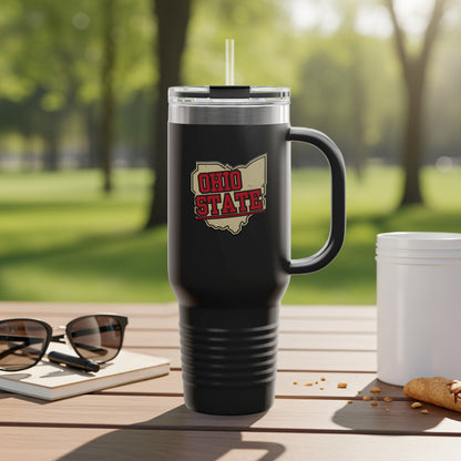 Travel mug with Ohio map graphic and city names.
