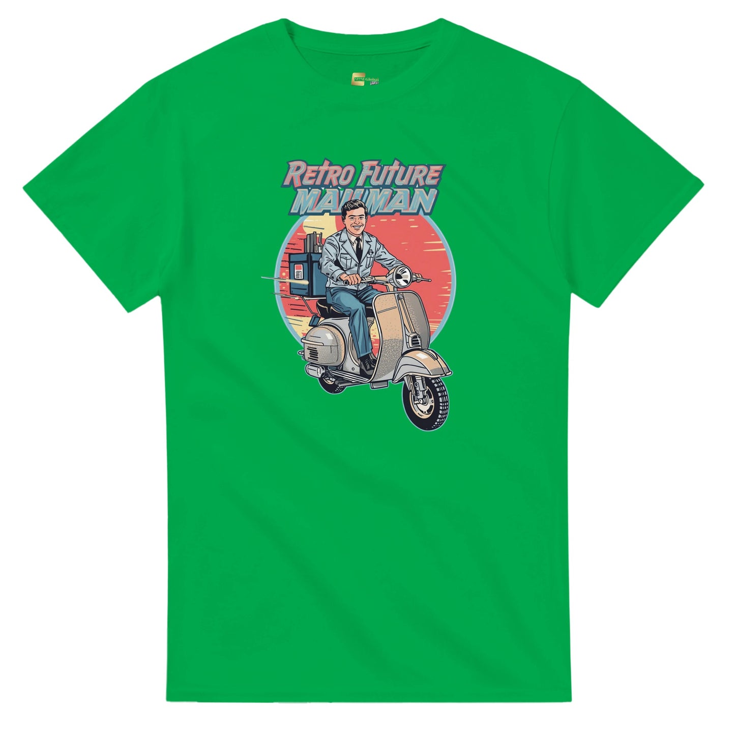 Man wearing a t-shirt with a retro design of a man on a scooter.