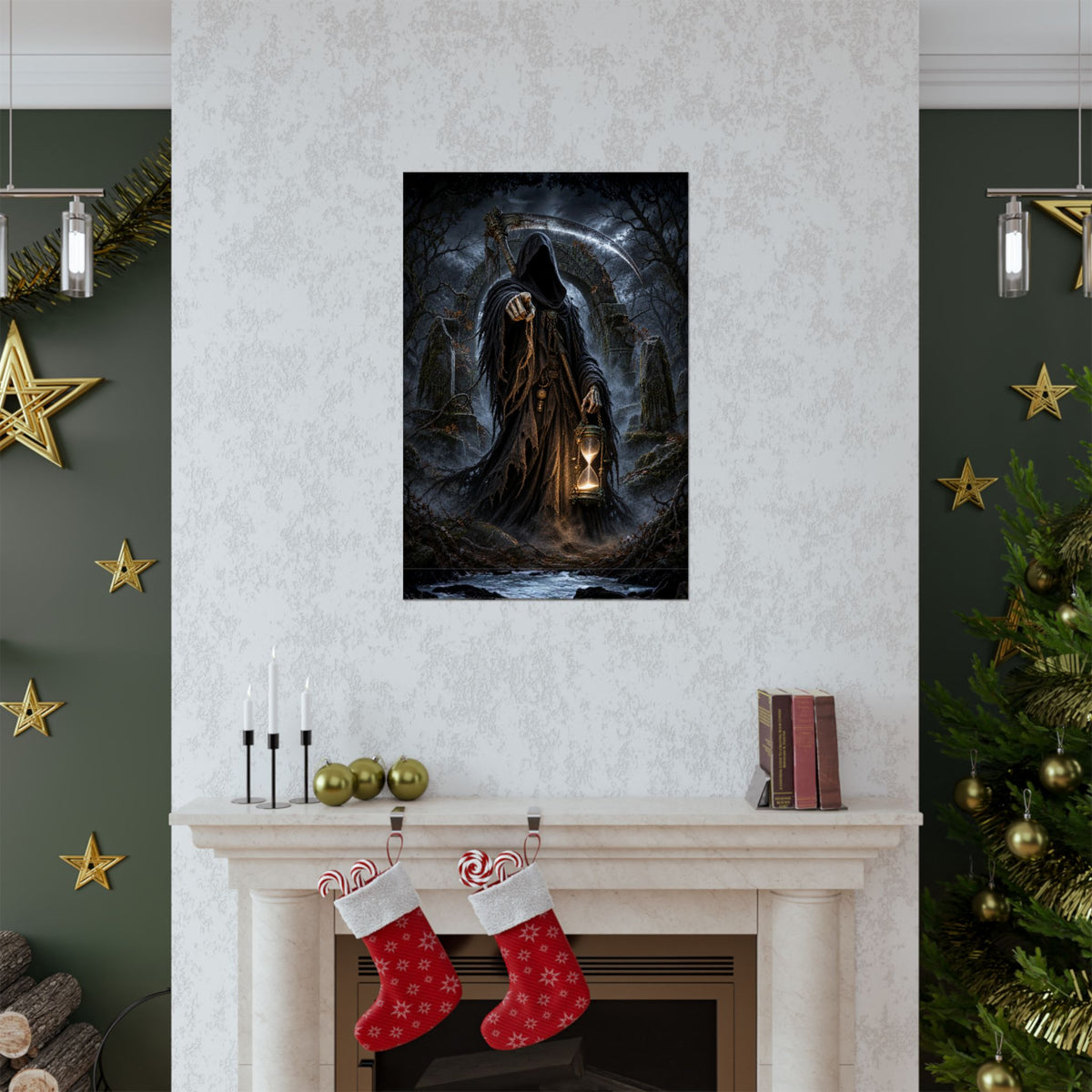 Grim reaper holding hourglass in dark, misty forest, pointing forward.