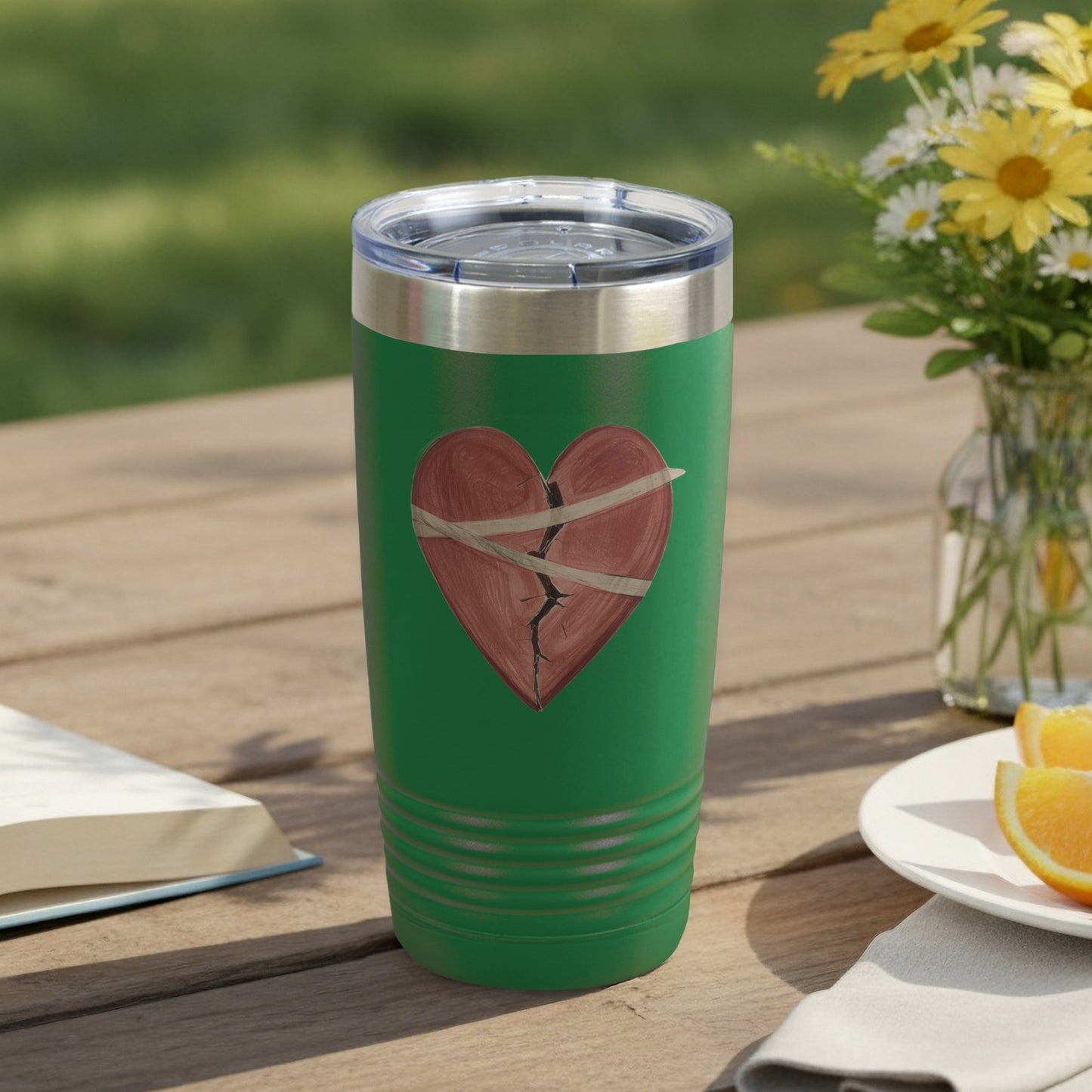 Cracked Heart Design Green Travel Tumbler Cup