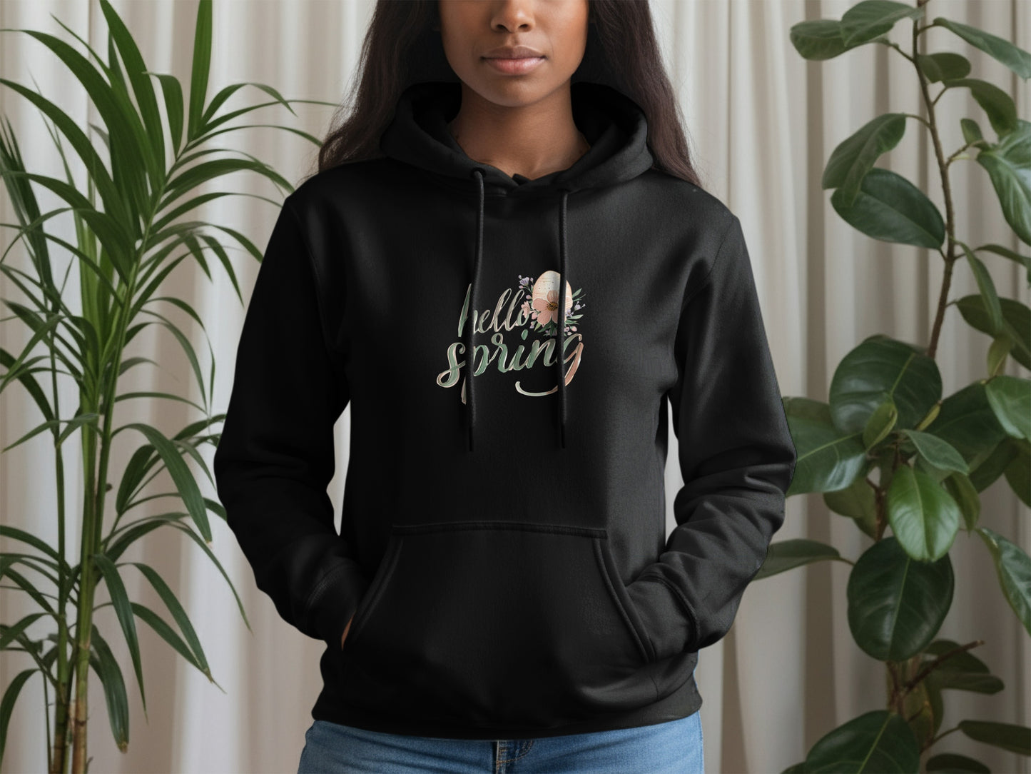 Stylish Black Hoodie with Hello Spring Graphic Design