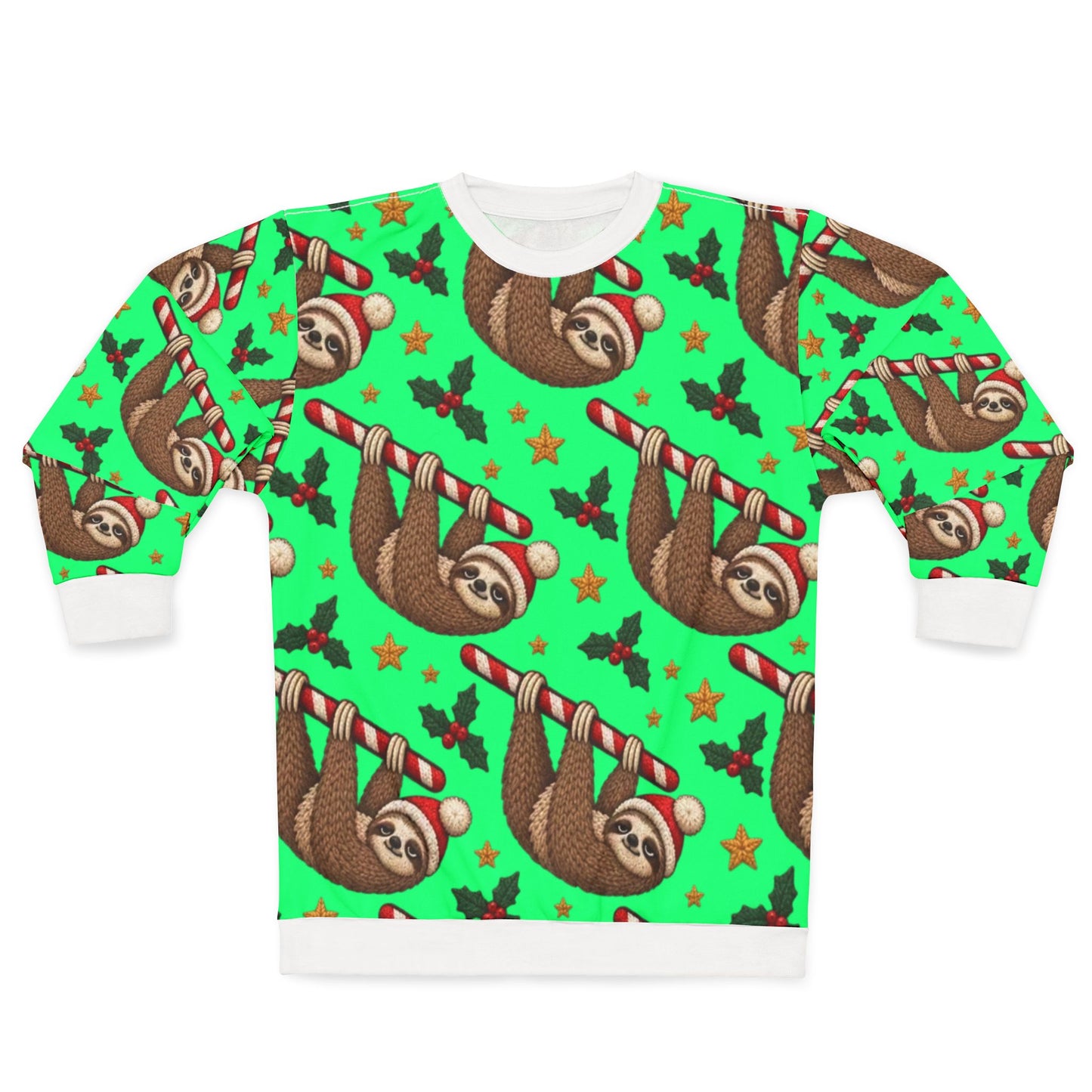 Green sweatshirt with a repeating pattern of sloths in Santa hats holding candy canes and holly.