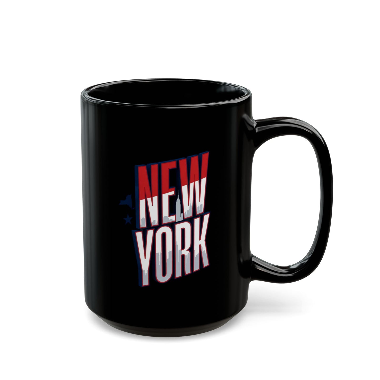 Black mug with "New York" text featuring a cityscape graphic.