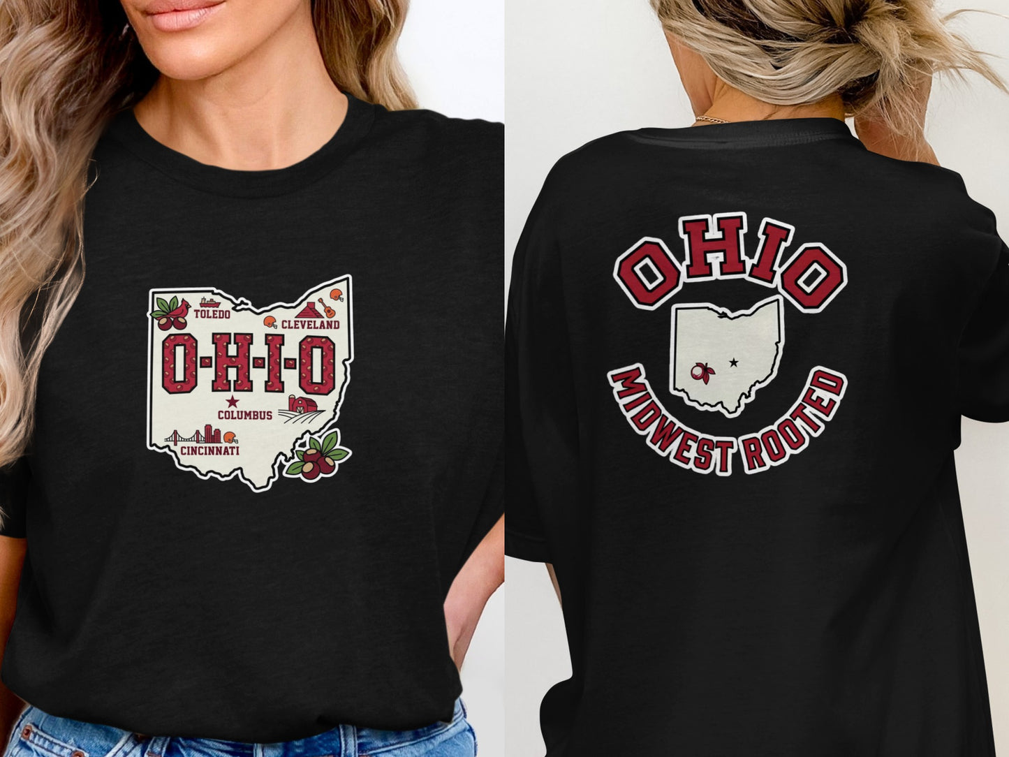 Black t-shirts with O-H-I-O state map design on front and "Ohio Midwest Rooted" on back.