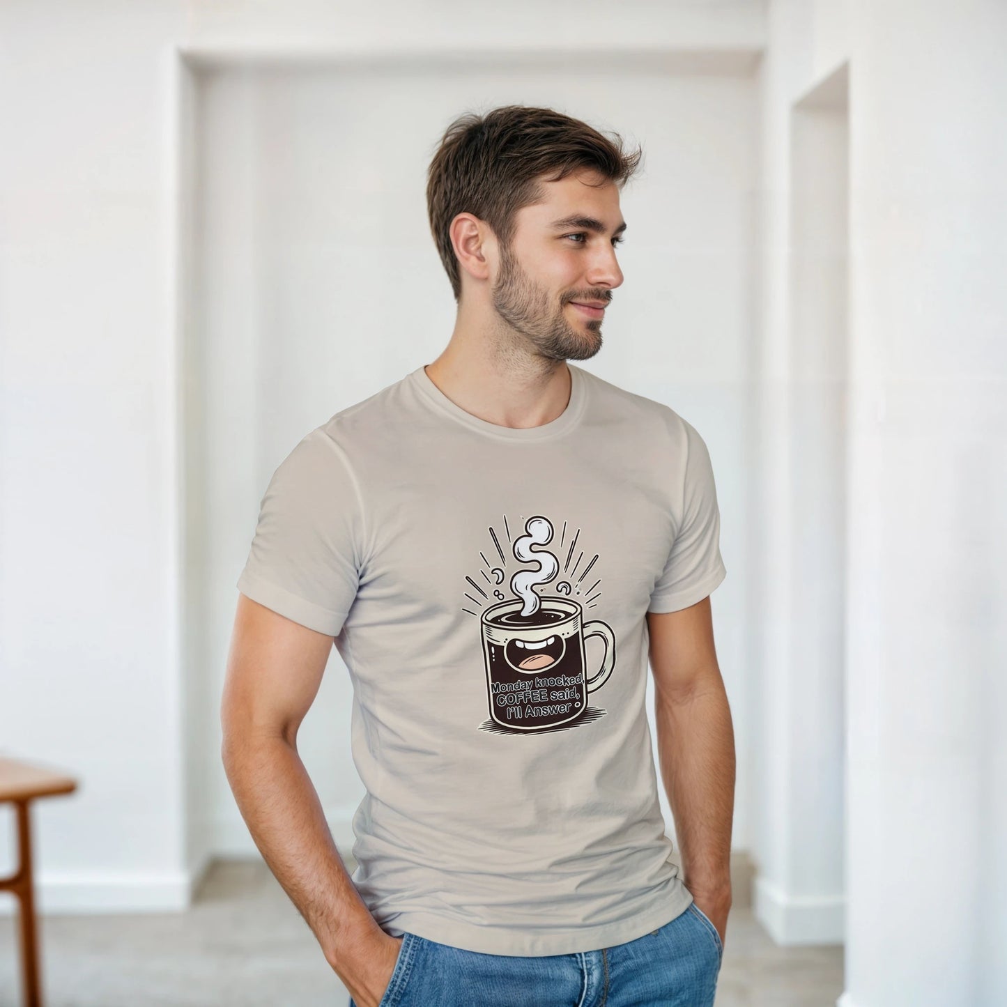 Monday Knocked, Coffee Answered on a Heavyweight Humorous Coffee Lover T on a Shirt