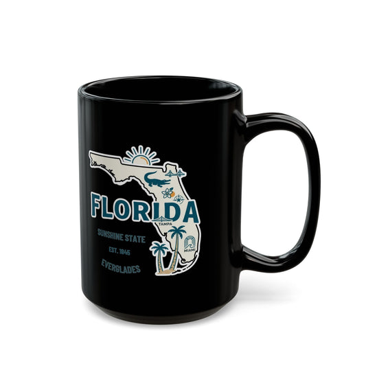 Black mug with "Florida Sunshine State" text and state outline.