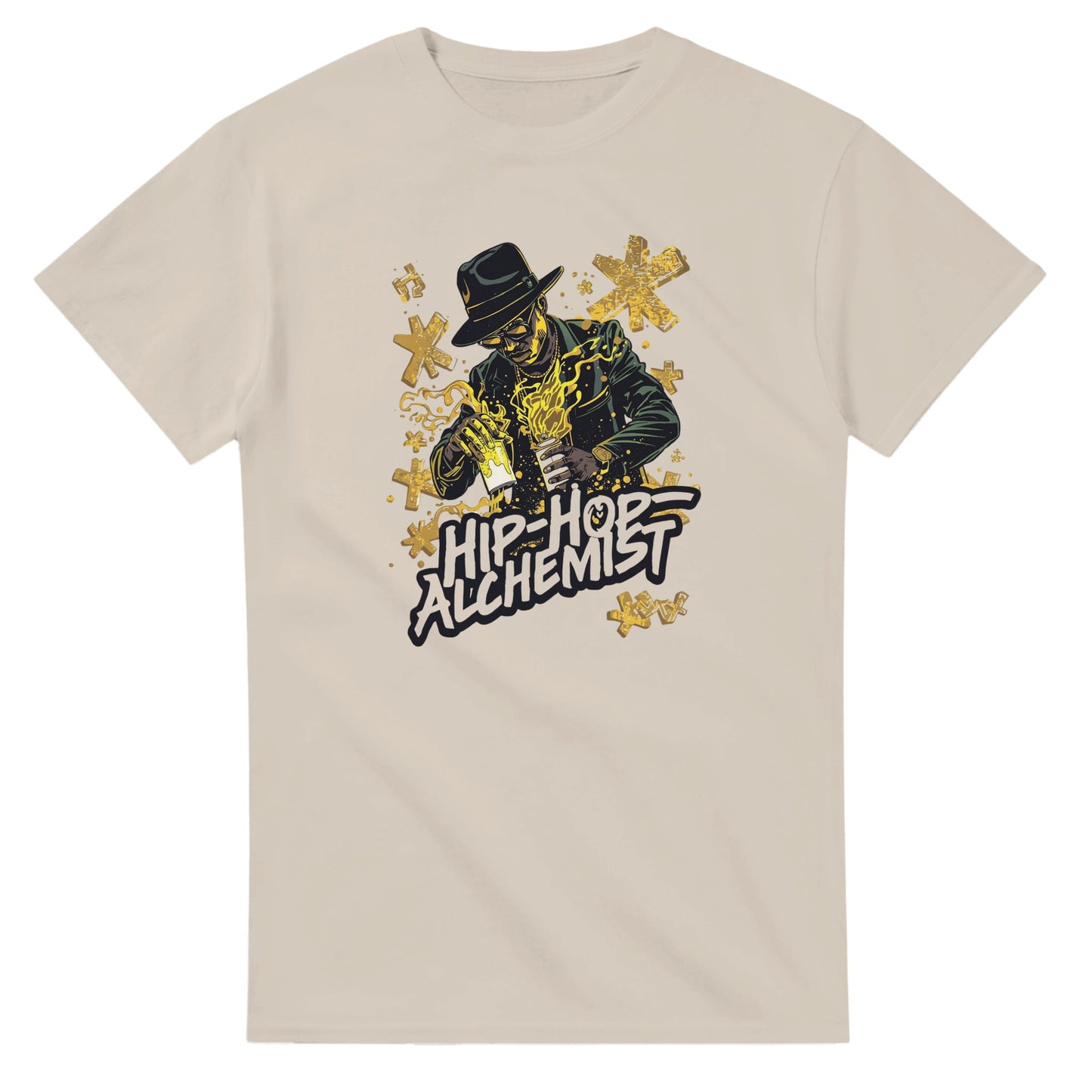 Man wearing a red t-shirt with a graphic design, holding shopping bags in a blurred indoor setting