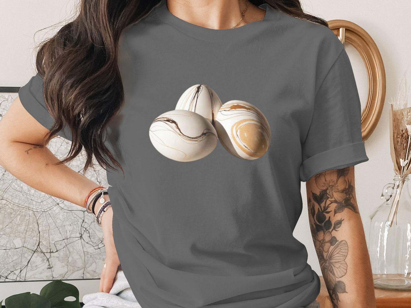 Dark Grey Tee White Gold Brown Swirl Eggs product type
T-shirt, Grey Tee, Swirl Eggs, Egg Graphic, Decorative Eggs, Abstract Design, Modern Art, White Eggs, Gold Swirl, Brown Swirl, Easter Decor, Spring Theme, Unique T-shirt, Graphic Tee, Round Neck, Short Sleeve, Casual Top, Fashion Apparel, Womens Clothing, Everyday Style