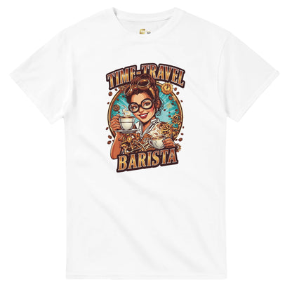 Time-Travel Barista graphic design on a Heavyweight T-shirt