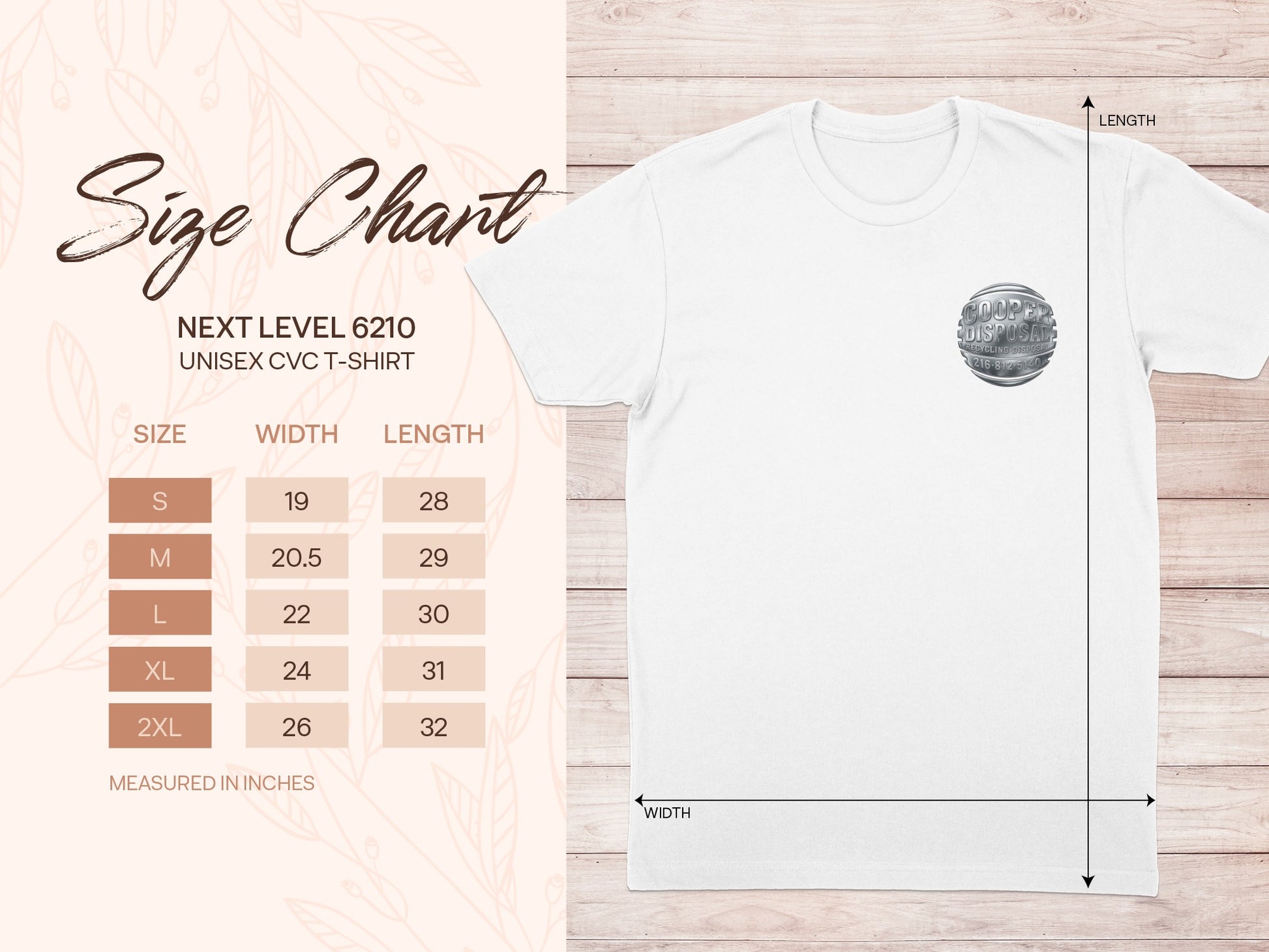 Size chart for Next Level 6210 unisex t-shirt with measurements.